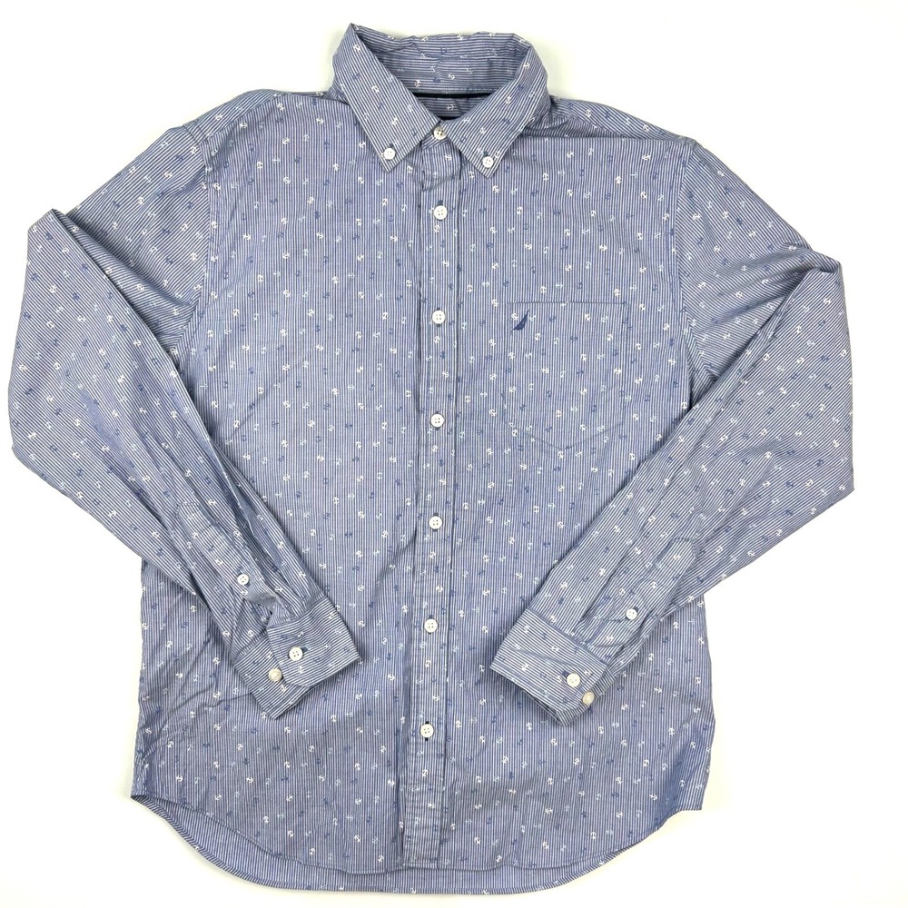 Nautica Slim Fit Blue White Striped Anchor Print Button Down Shirt Mens Medium